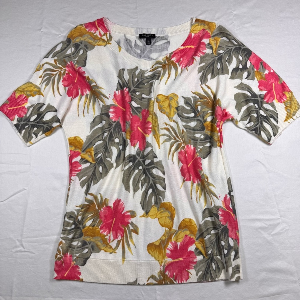 Talbots Floral Short Sleeve Top - Pink, Yellow, and Green